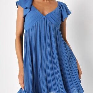 Lulus Amalfi Coast Royal Blue Pleated Flutter Sleeve Mini Dress - Size S